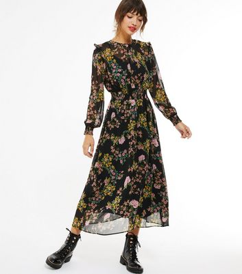 Black Floral Chiffon Frill Midi Dress ...